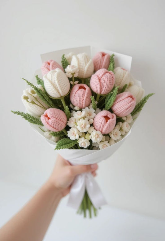 Soft Pink Knitted Tulip Bouquet – Handmade & Elegant Crochet