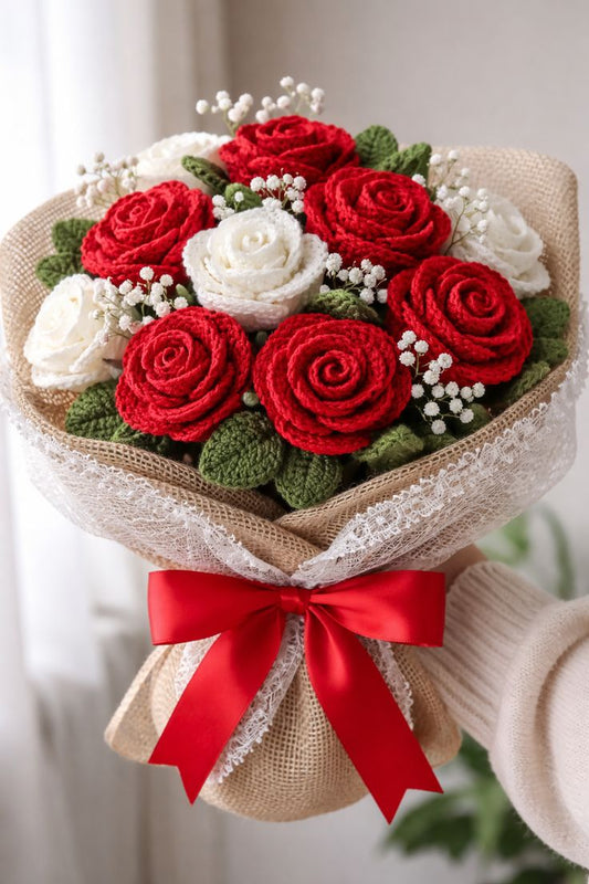 Eternal Red & White Crochet Roses Bouquet