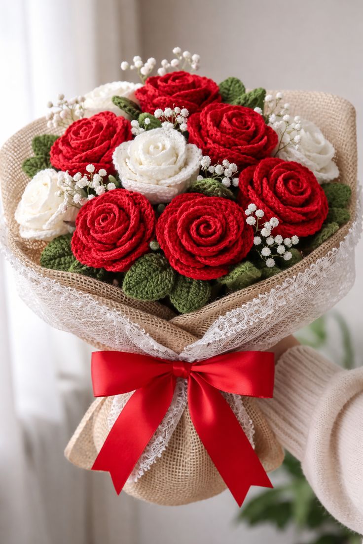 Eternal Red & White Crochet Roses Bouquet
